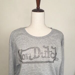 Von Dutch Women's Rhinestone Logo Crewneck Pullover Sweatshirt Gray XL Y2K